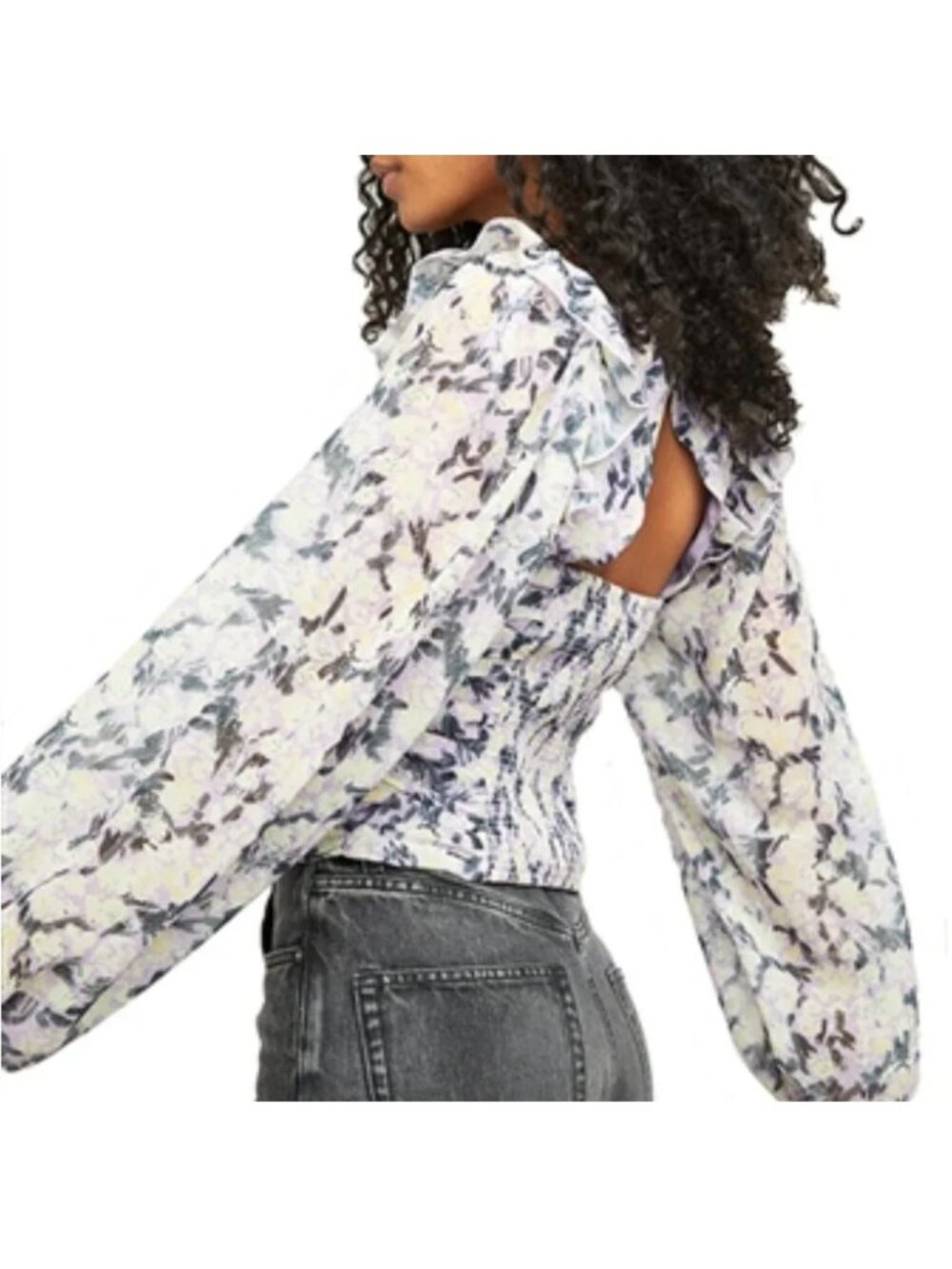 Free People Floral Ruched Blouse Top Puff Sleeve Tie Front Cottagecore Boho M